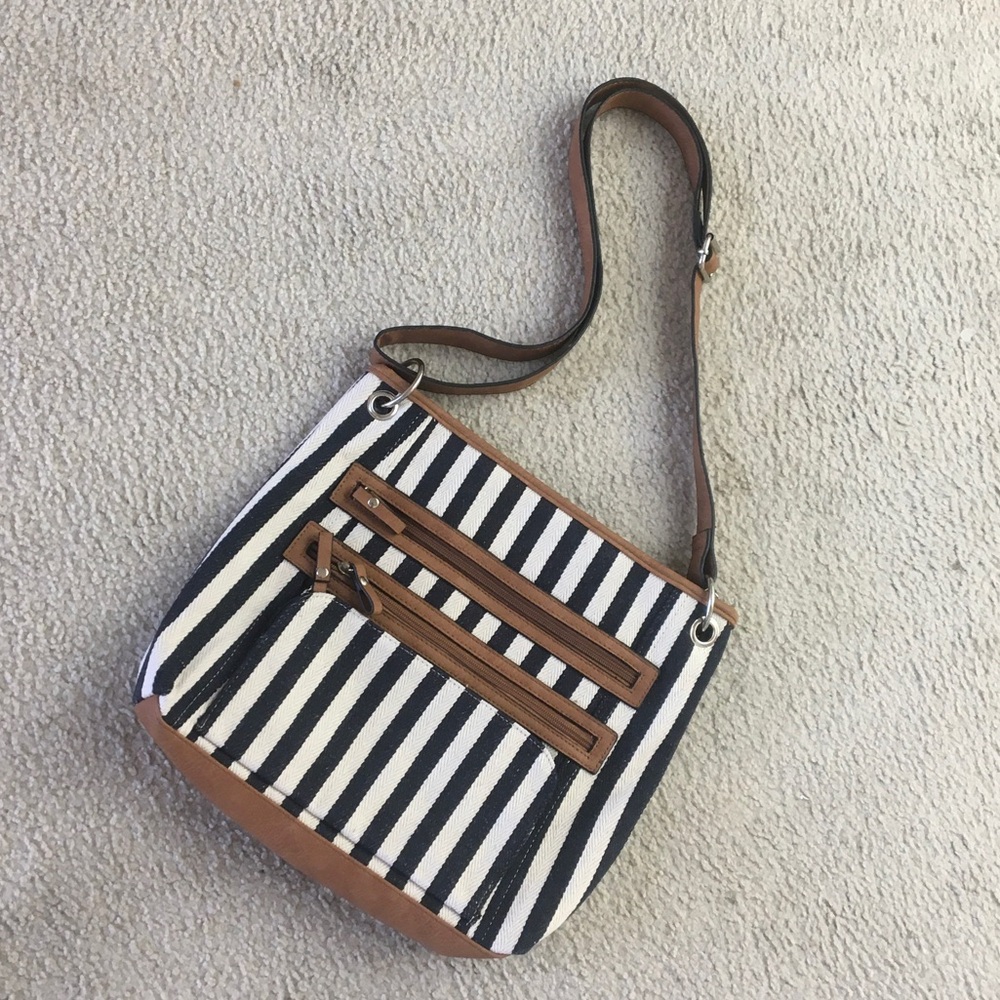 BUENO/NAVY & WHITE CANVASwTAN LEATHER TRIM CROSSBODY/NEW
